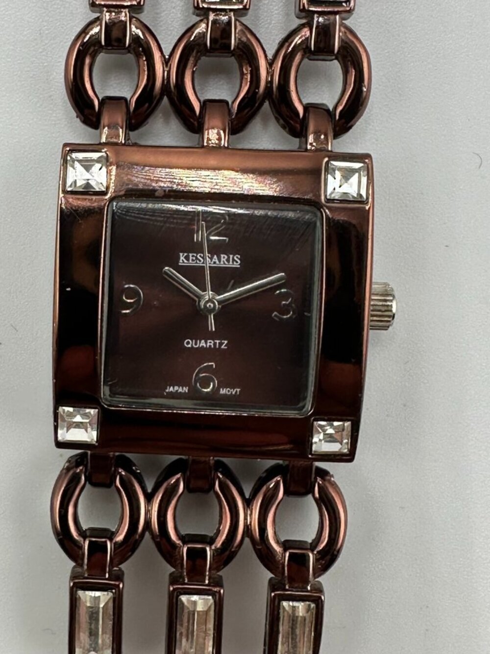 Kessaris Watch Women Brown Rhinestone Accents Square Dial New Battery 7.25"